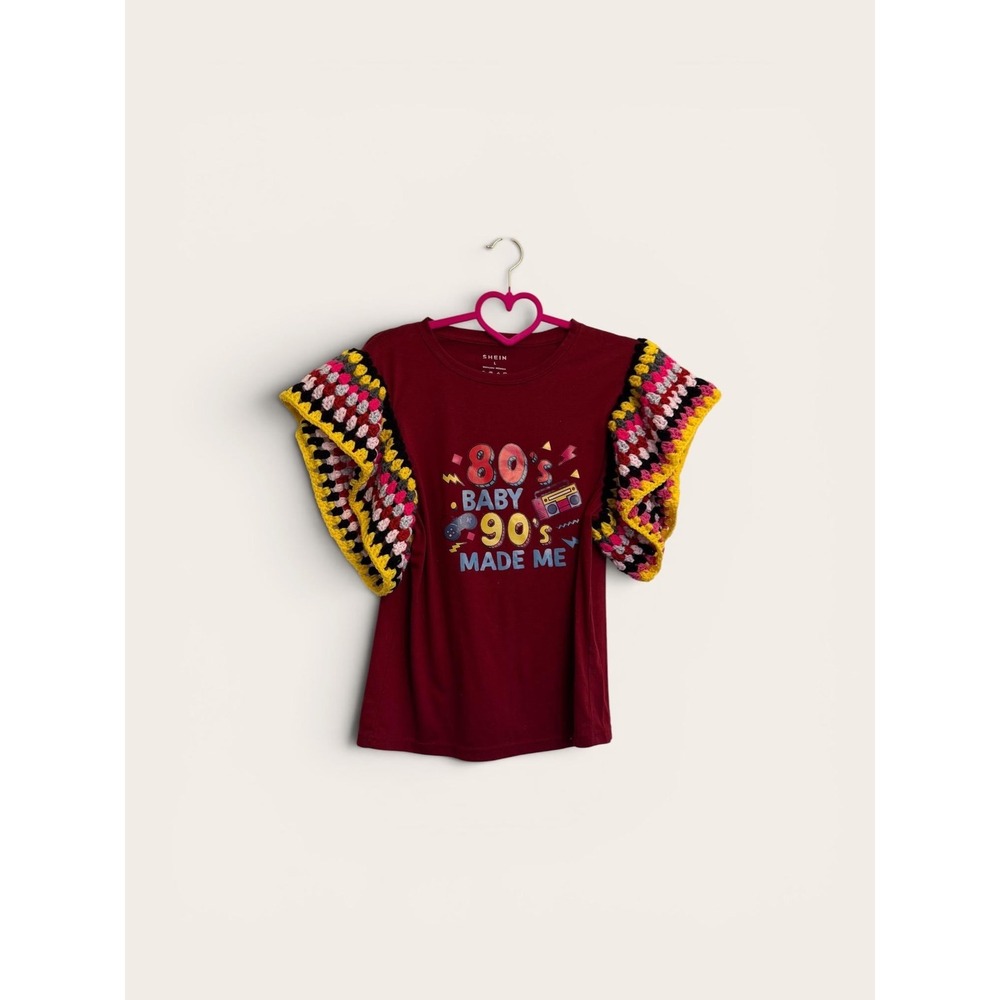 Upcycled Crochet Flutter‎ Sleeve 80s Baby 90s Made Me Tee Women's L
